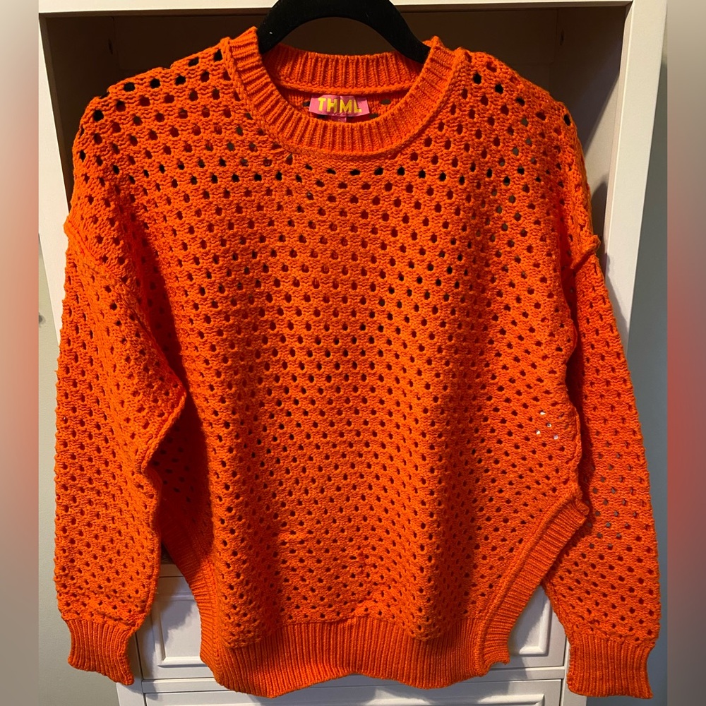 THML Bright Orange, Open-Weave, Ultra-Soft, Sweater.